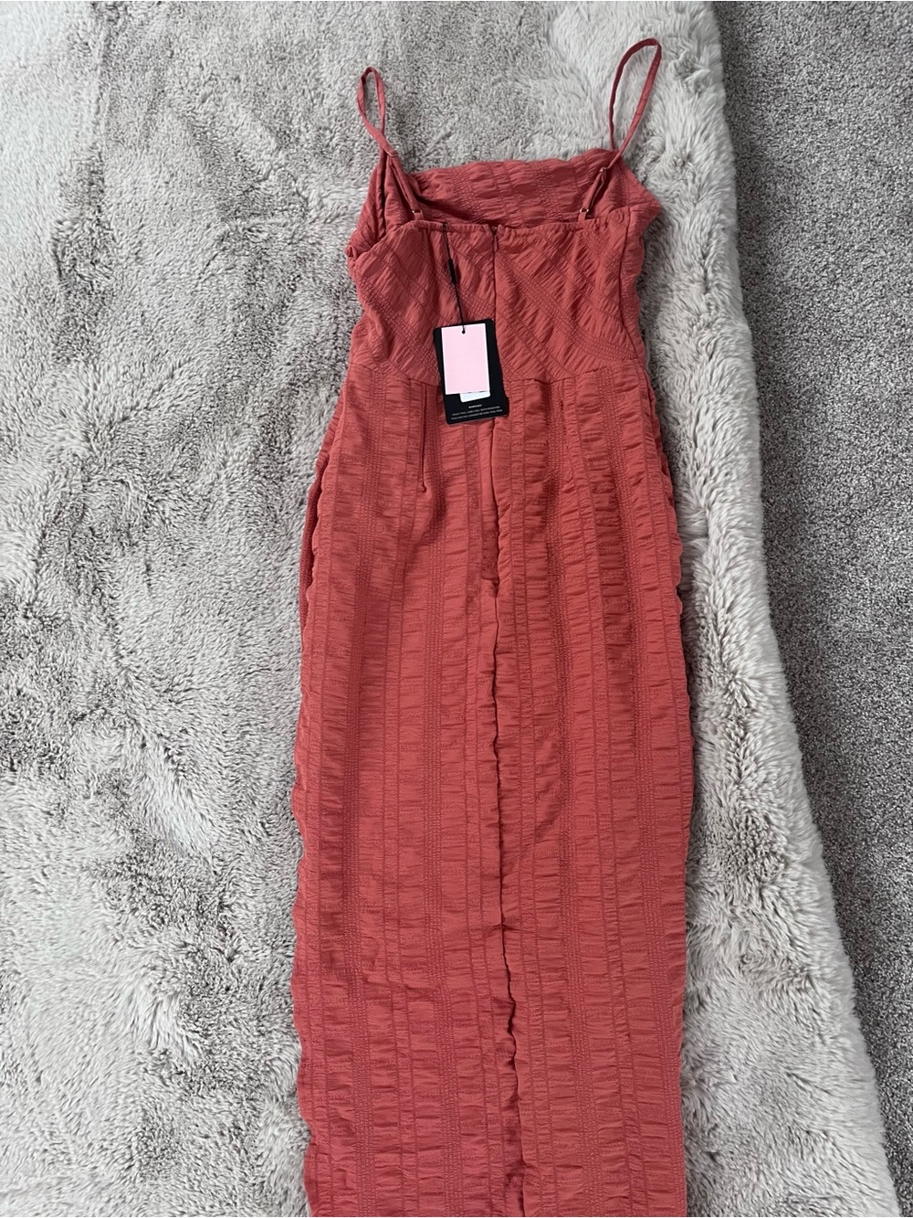 PrettyLittleThing Textured Rust Midi Dress with Ruffle Neckline - Picture 3 of 3